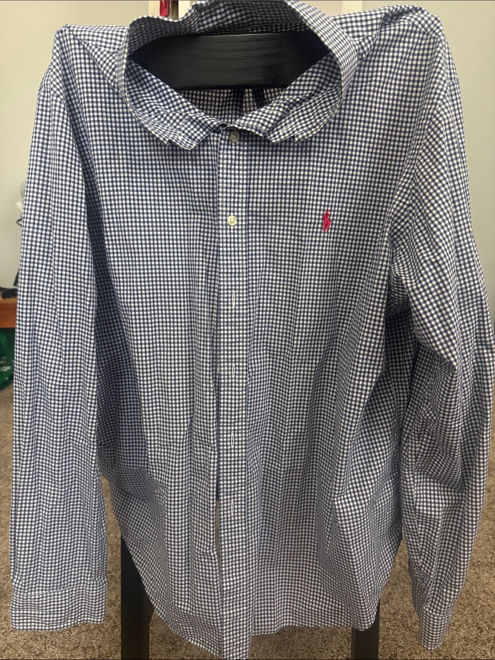 Ralph Lauren Navy and White Gingham Button-Down Shirt with Red Pony
